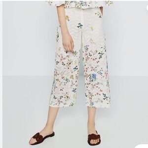 ZARA Floral Printed Culottes Embroidered Cut Out Cropped Pants Trousers Cream